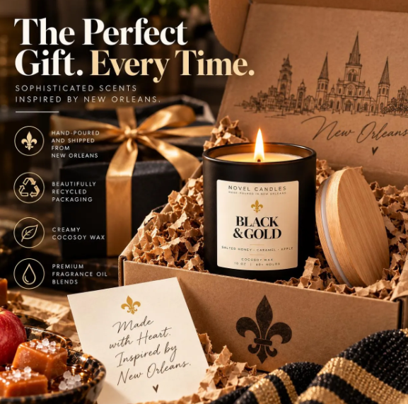 Black & Gold Candle, Salted Honey Caramel Fresh Apple Herbs Scent, New Orleans Candle, Unisex Fall Candle, Louisiana Gift, Game Day Gift