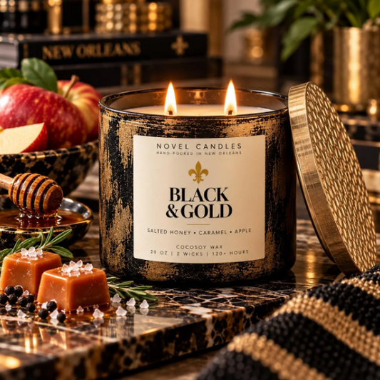 Black & Gold Candle, Salted Honey Caramel Fresh Apple Herbs Scent, New Orleans Candle, Unisex Fall Candle, Louisiana Gift, Game Day Gift