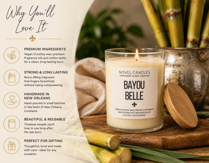 Bayou Belle Candle | Sugarcane, Amber & Vanilla Citrua Louisiana Candle | New Orleans Gift | Southern Candle | Handmade CocoSoy Candle