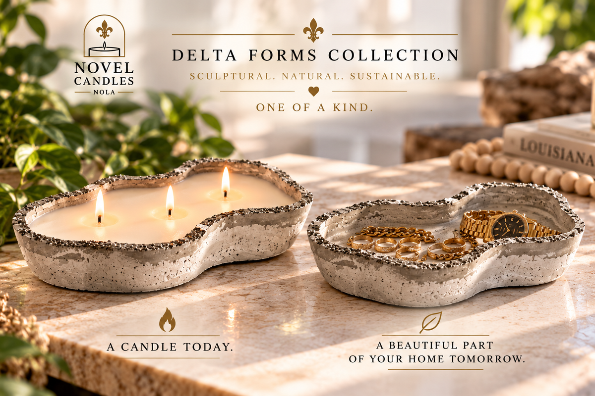 Delta Forms Collection | Luxury Coco-Soy Candles in Handcrafted Recycled Glass & Reusable Concrete Vessels