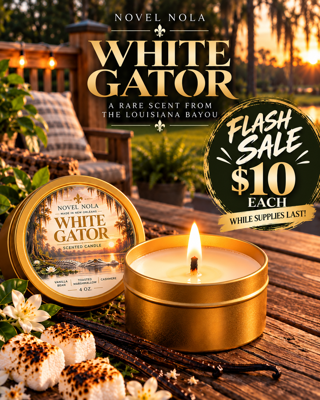 4 oz Gold Tin White Gator Candle | New Orleans Candle, Vanilla, Cashmere, Marshmallow Cream, Rum & Vetiver Scent | Louisiana Gift