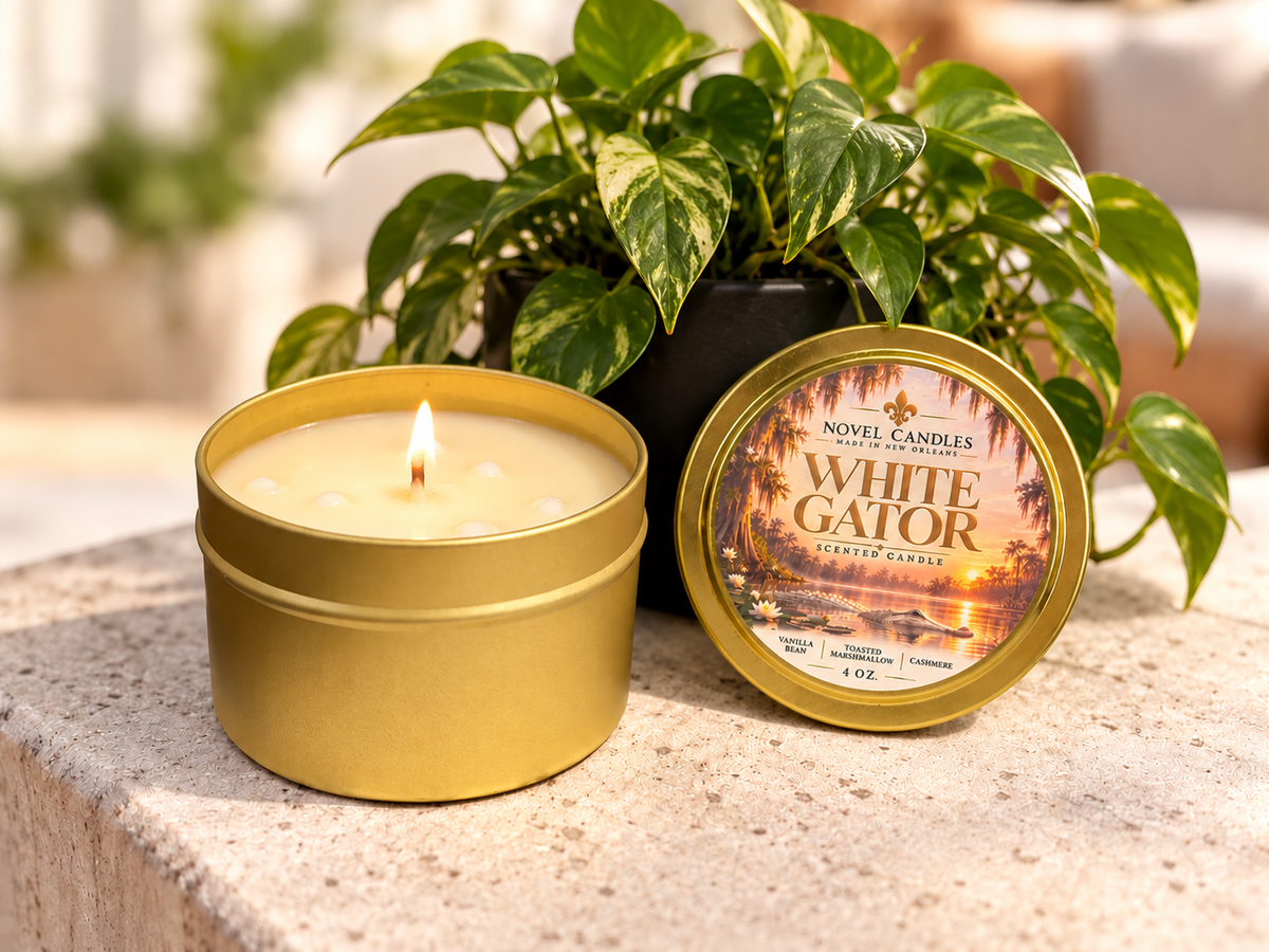 4 oz Gold Tin White Gator Candle | New Orleans Candle, Vanilla, Cashmere, Marshmallow Cream, Rum & Vetiver Scent | Louisiana Gift