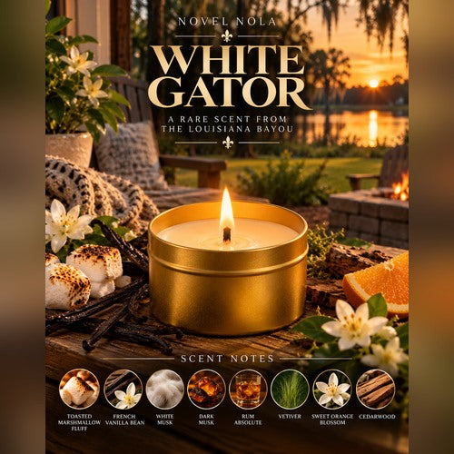 4 oz Gold Tin White Gator Candle | New Orleans Candle, Vanilla, Cashmere, Marshmallow Cream, Rum & Vetiver Scent | Louisiana Gift