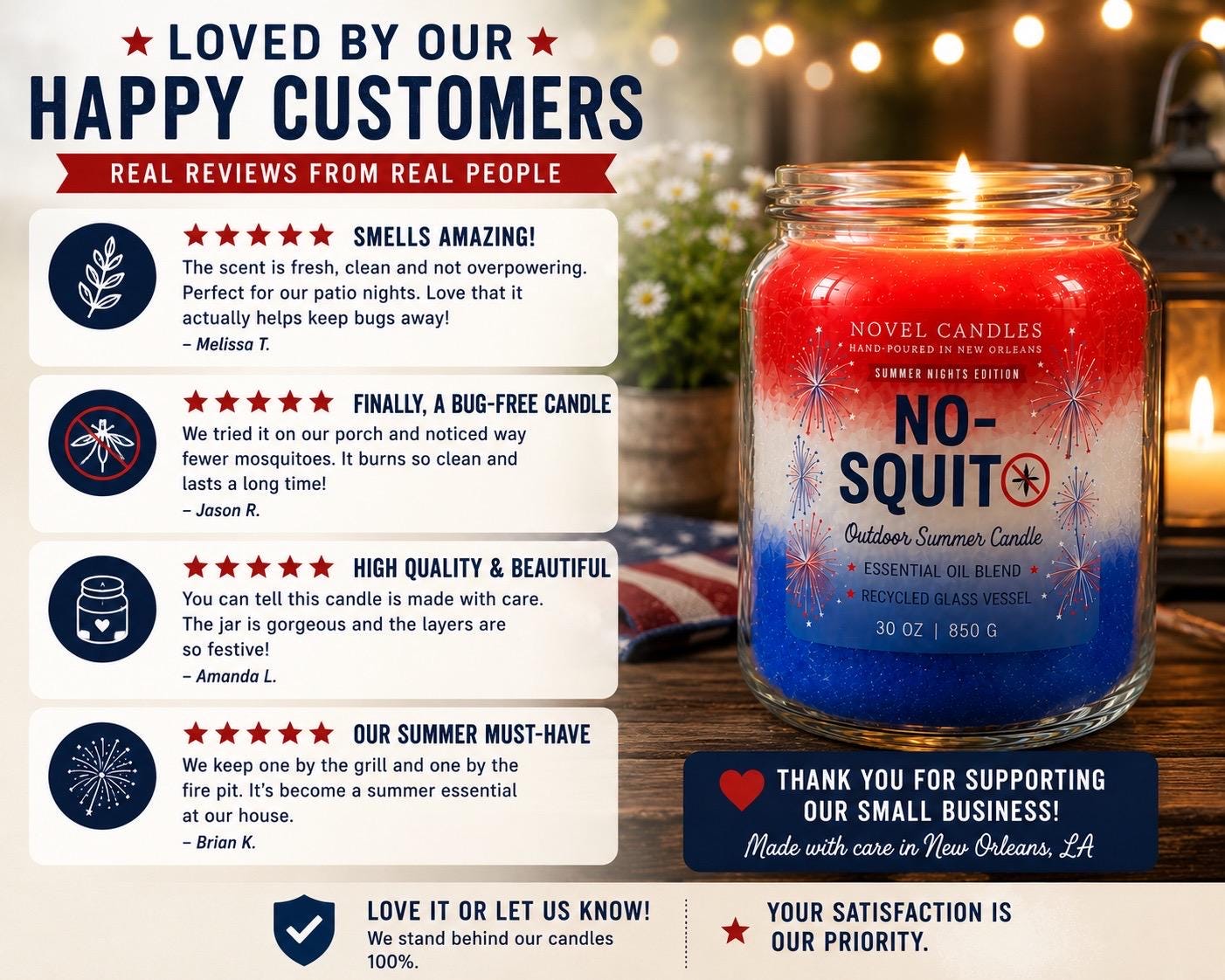 All-Natural Insect Repellent Candle - Basil, Lavender, Lemongrass, Sage Mosquito Candle, Red White & Blue Decor, July Fourth Party Decor