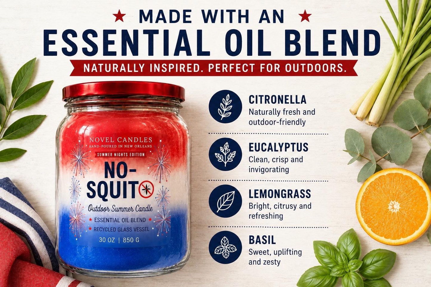 All-Natural Insect Repellent Candle - Basil, Lavender, Lemongrass, Sage Mosquito Candle, Red White & Blue Decor, July Fourth Party Decor