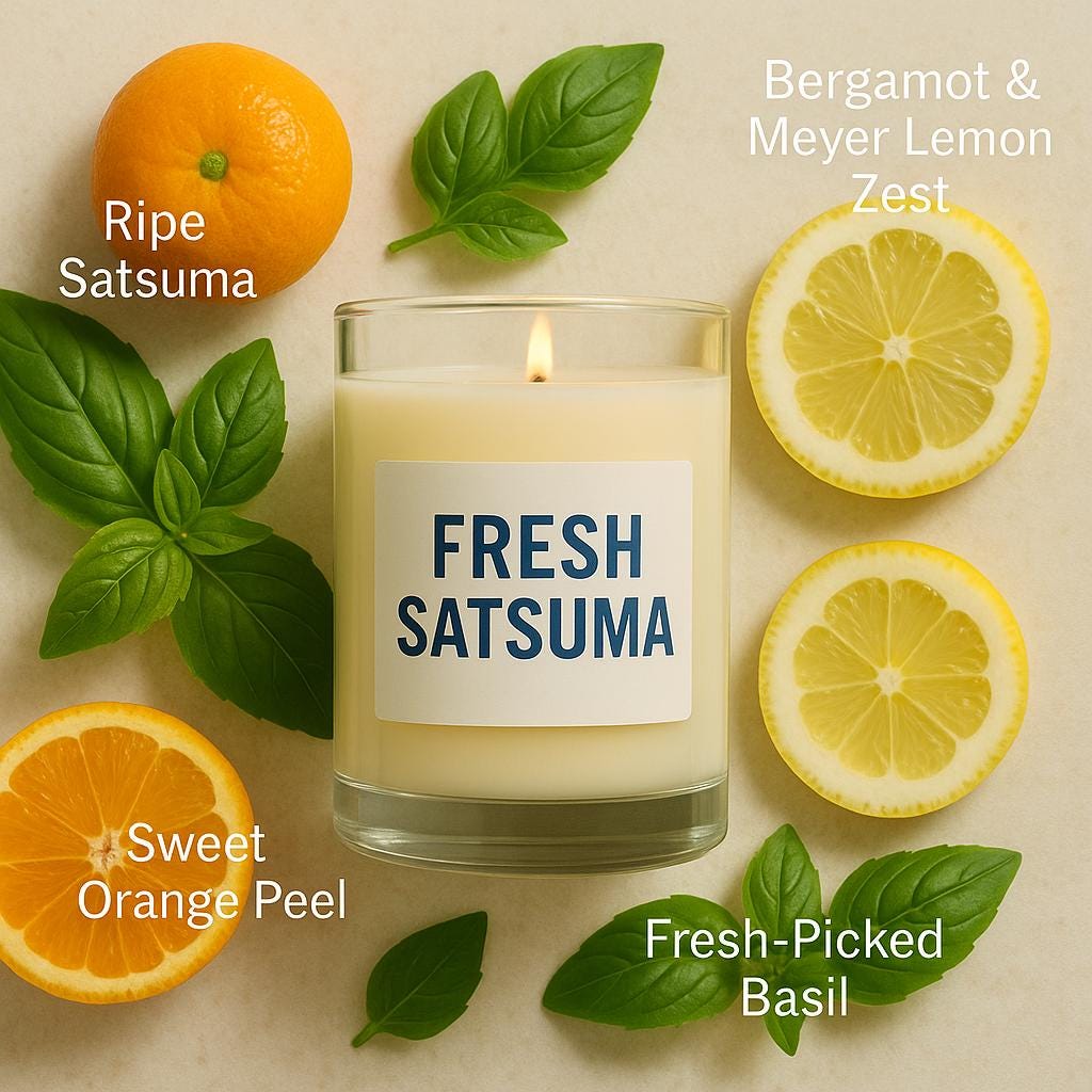 Fresh Satsuma Scented Candle: Sweet Orange, Bergamot & Basil, Vegan CocoSoy Wax