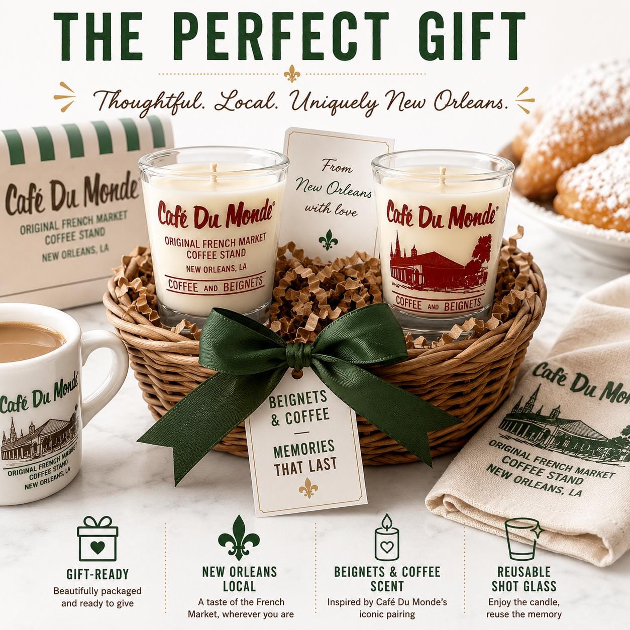 Official Café Du Monde Shot Glass Candle – Beignets & Coffee Scent, New Orleans Souvenir Gift, Reusable Shot Glass, French Quarter Favorite