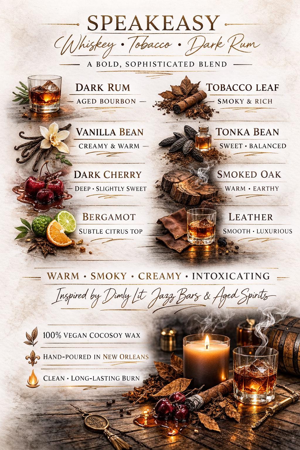 Speakeasy Candle – Whiskey, Tobacco, Dark Rum Absolute, Tonka Bean - CocoSoy Wax