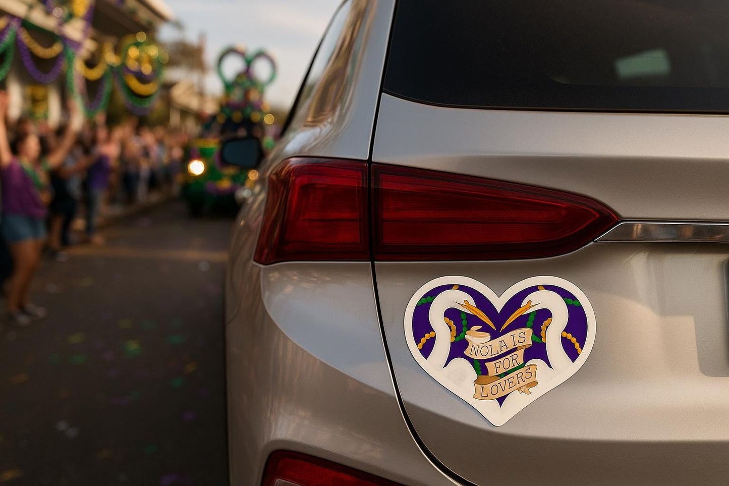 NOLA IS FOR LOVERS Magnet —New Orleans Heart Magnet,  Egrets Lovebirds in Mardi Gras Beads, Louisiana Gift Draw by Local Artist