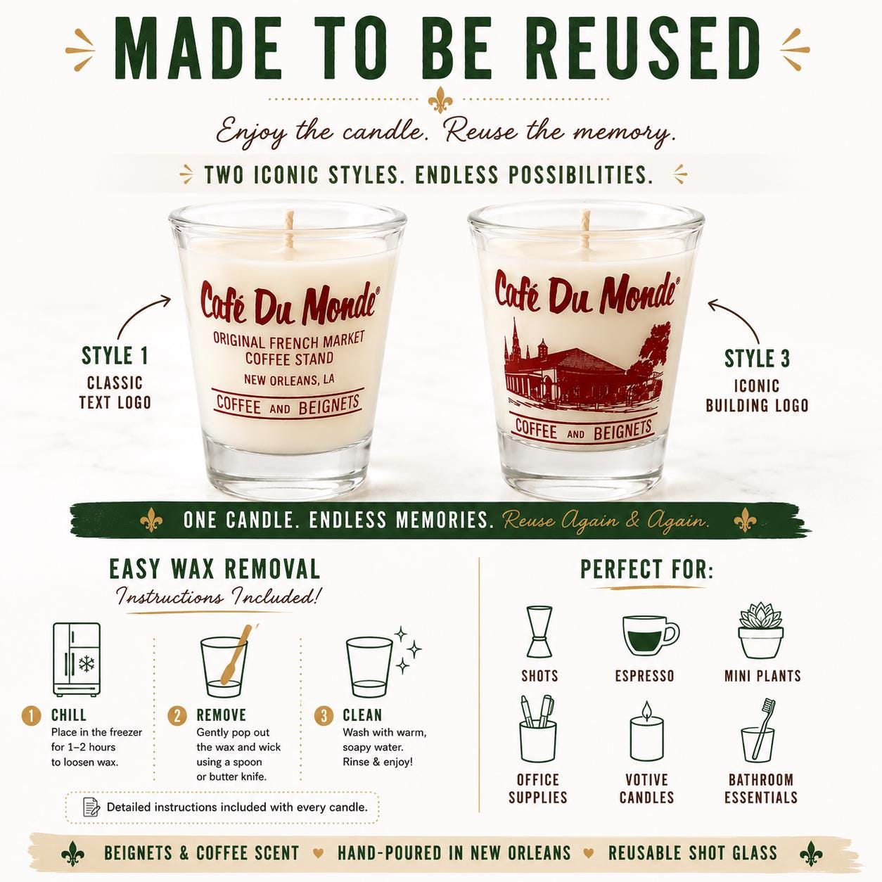 Official Café Du Monde Shot Glass Candle – Beignets & Coffee Scent, New Orleans Souvenir Gift, Reusable Shot Glass, French Quarter Favorite