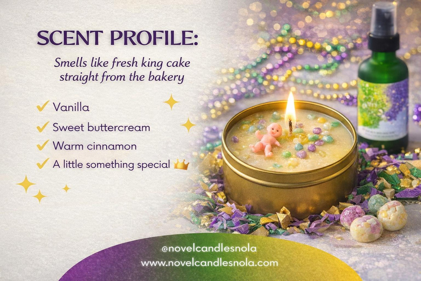 King Cake Scented Candle with Baby | Mardi Gras Decor, NOLA Gift