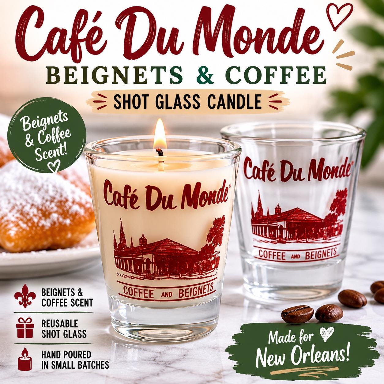 Official Café Du Monde Shot Glass Candle – Beignets & Coffee Scent, New Orleans Souvenir Gift, Reusable Shot Glass, French Quarter Favorite