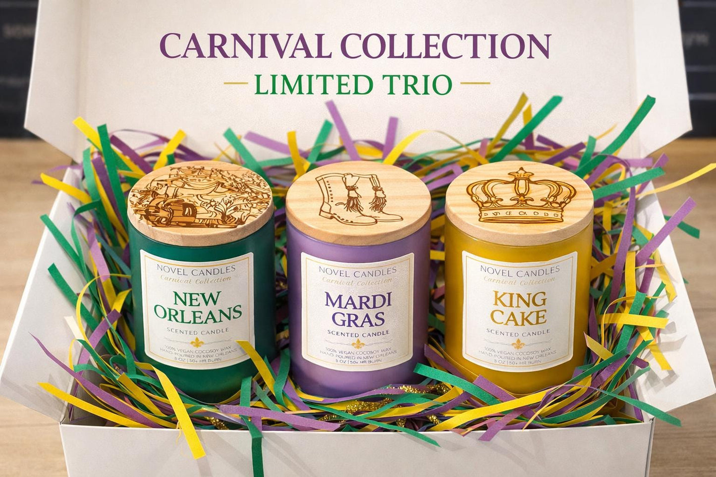 Mardi Gras Candle Trio Gift Set – New Orleans Scents, Wood Lids