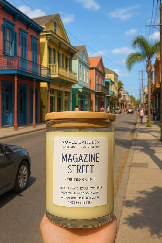 Magazine Street Candle – Sandalwood, Lavender, Patchouli & Satsuma Scented | Vegan CocoSoy Candle | Handpoured in NOLA
