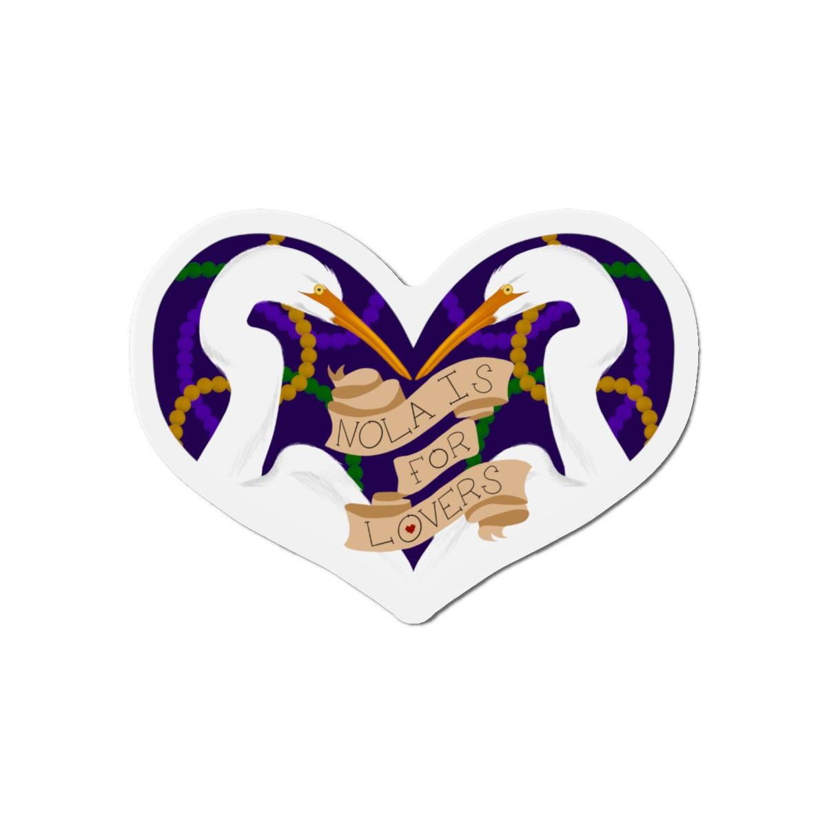 NOLA IS FOR LOVERS Magnet —New Orleans Heart Magnet,  Egrets Lovebirds in Mardi Gras Beads, Louisiana Gift Draw by Local Artist