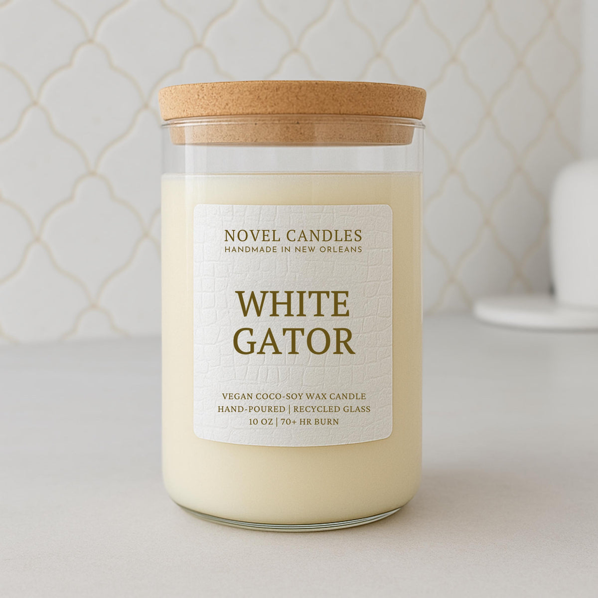 White Gator Candle — Gourmand Vanilla Marshmallow Scent, Handmade in New Orleans Louisiana, Recycled Glass