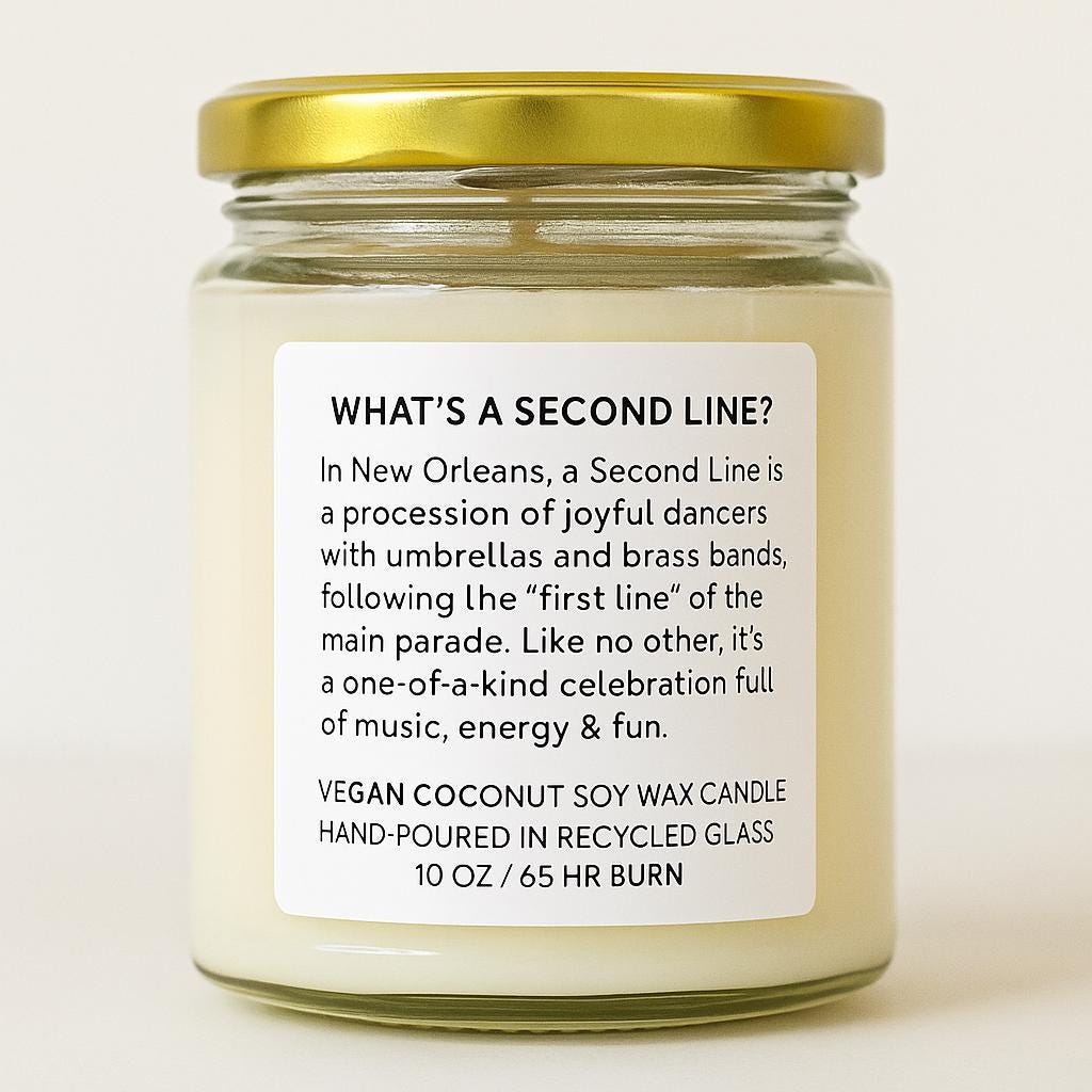 SECOND LINE — New Orleans Gift Candle | Citrus Jasmine Grapefruit Scented | NOLA Gift | Louisiana Wedding Favor | Mardi Gras Decor