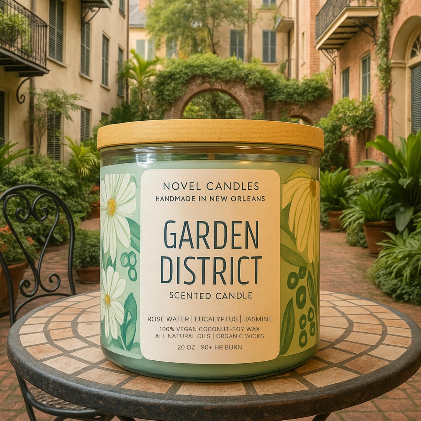 Garden District — Rose & Jasmine Scented Candle Eucalyptus, Vegan CocoSoy-Beeswax, New Orleans Home Decor