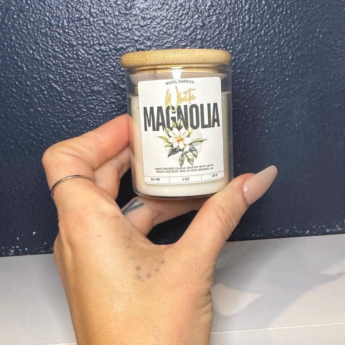 White Magnolia Scented Candle • Fresh Floral, Jasmine & Gardenia Scent, Handmade in New Orleans, Southern Home Decor in Reusable Glass