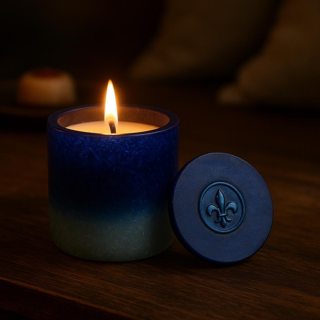 Blue Egret Candle: Citrus Sage Scent, Recycled Glass NOLA Gift