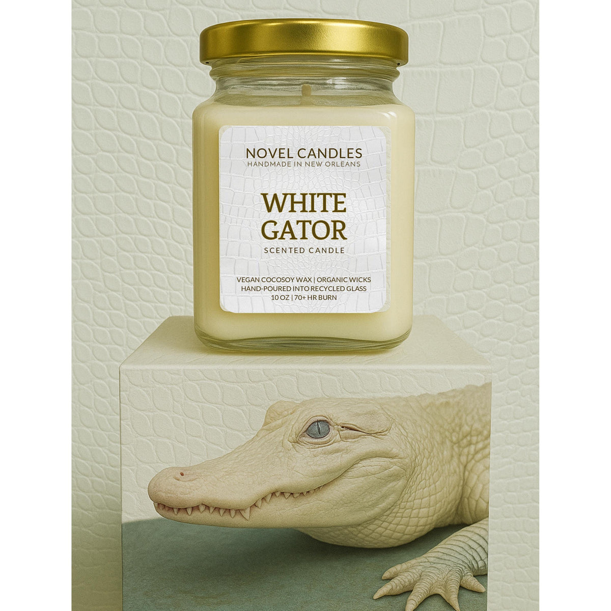 White Gator Candle — Gourmand Vanilla Marshmallow Scent, Handmade in New Orleans Louisiana, Recycled Glass