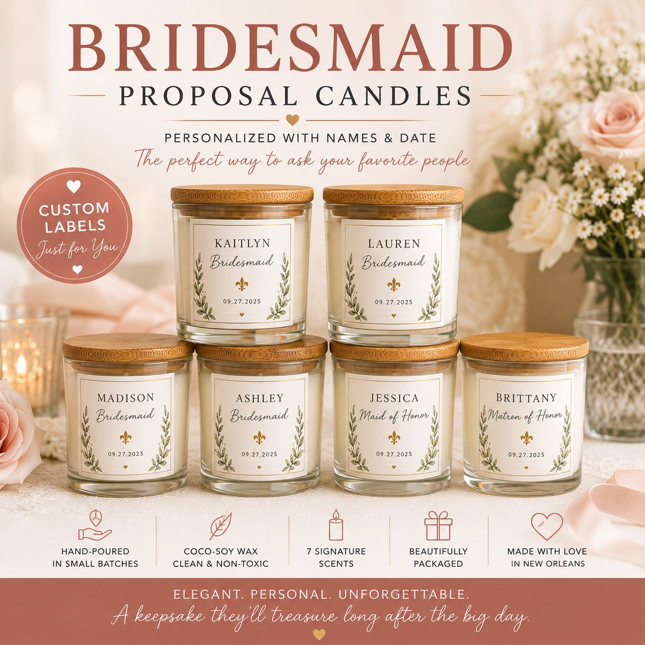 Personalized Bridesmaid Proposal Candle | Custom Maid of Honor Gift | Bridal Party Candle | Wedding Proposal Box Gift | Handmade in New Orleans