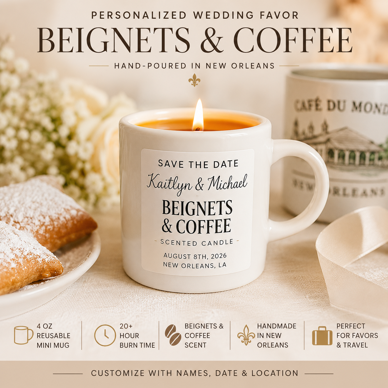 Personalized Beignets & Coffee Wedding Favor Candle | Save the Date, Thank You & Bridal Shower Favor | Reusable Mini Mug Candle