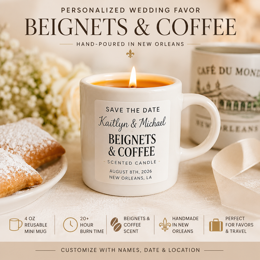 Personalized Beignets & Coffee Wedding Favor Candle | Save the Date, Thank You & Bridal Shower Favor | Reusable Mini Mug Candle