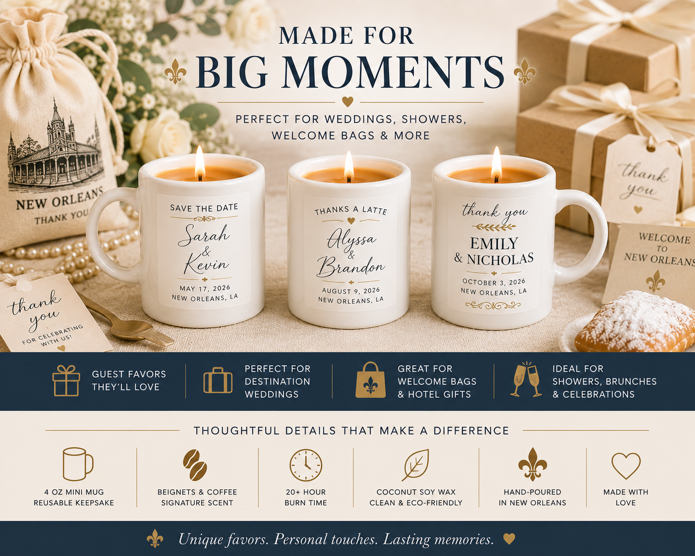 Personalized Beignets & Coffee Wedding Favor Candle | Save the Date, Thank You & Bridal Shower Favor | Reusable Mini Mug Candle