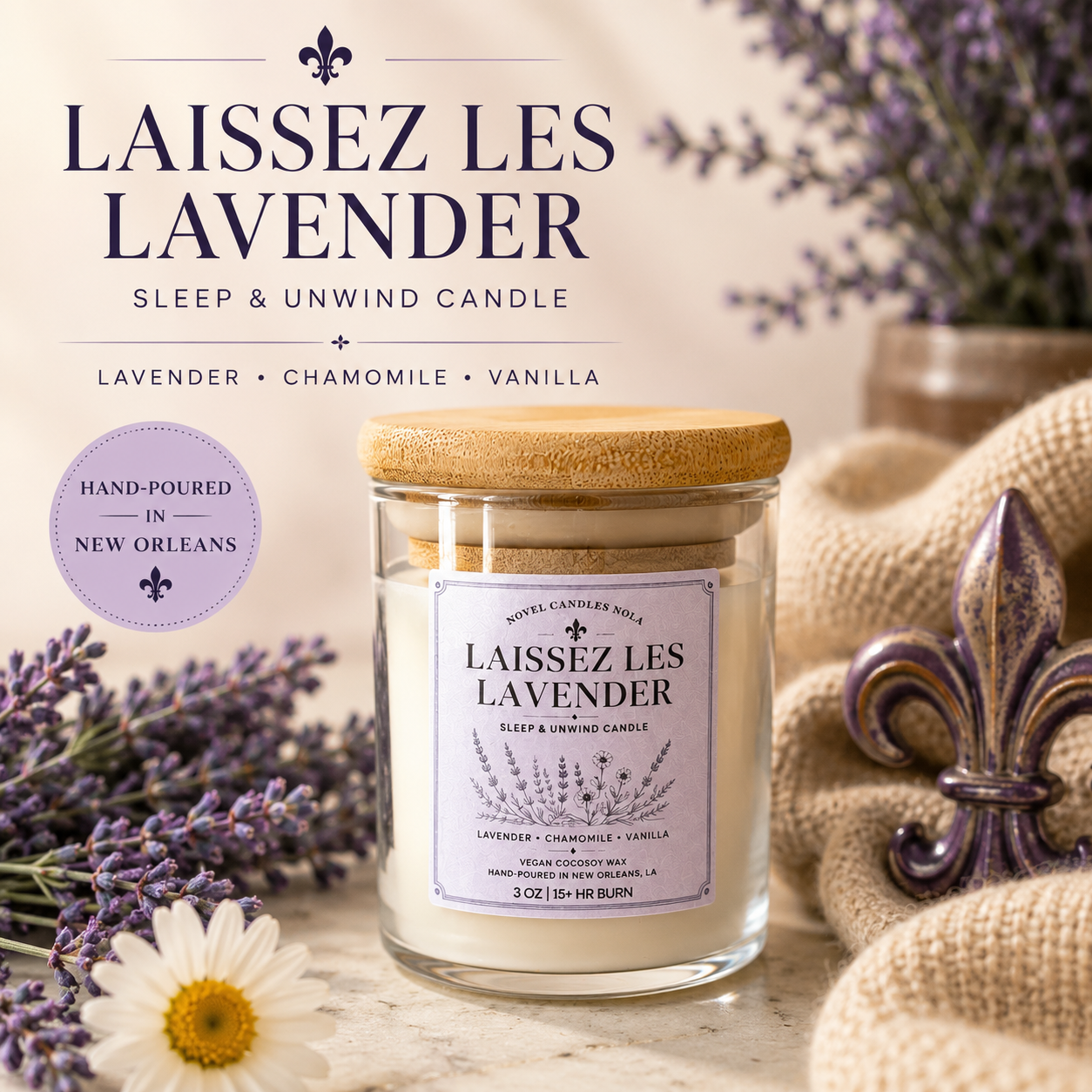 Laissez Les Lavender Candle | Lavender Chamomile Vanilla Candle | Sleep & Unwind Gift | New Orleans Candle | Relaxation Candle