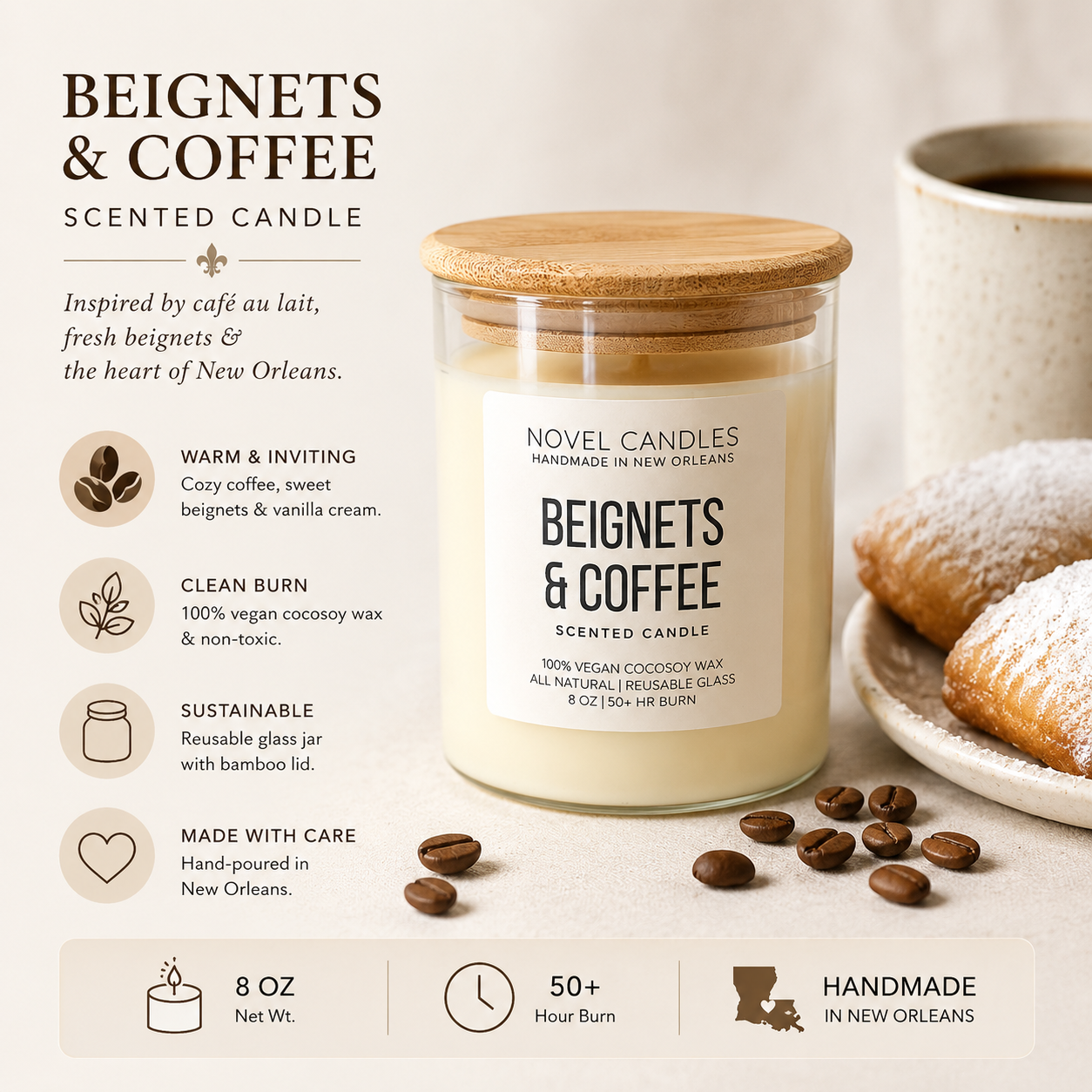 Beignets & Coffee Scented Candle – Official Cafe Du Monde Candle Scent | Handmade in New Orleans Foodie Gift | NOLA Vacation Souvenir