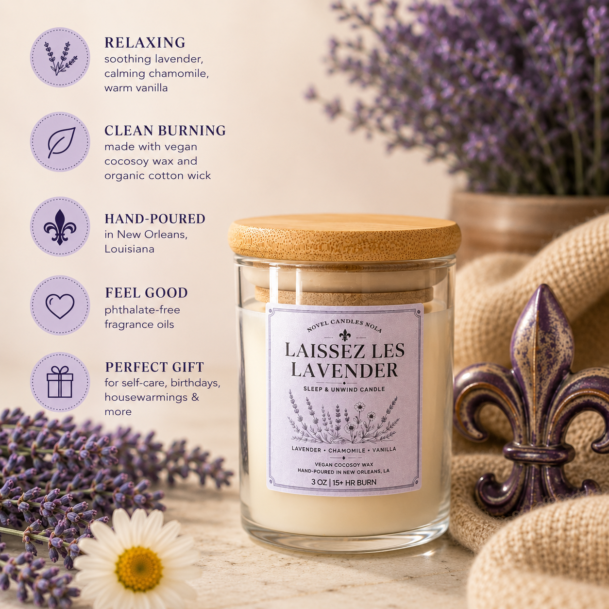 Laissez Les Lavender Candle | Lavender Chamomile Vanilla Candle | Sleep & Unwind Gift | New Orleans Candle | Relaxation Candle