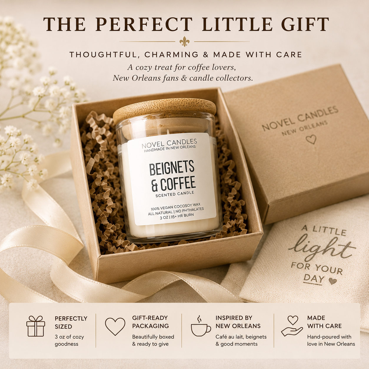 Beignets & Coffee Scented Candle – Official Cafe Du Monde Candle Scent | Handmade in New Orleans Foodie Gift | NOLA Vacation Souvenir
