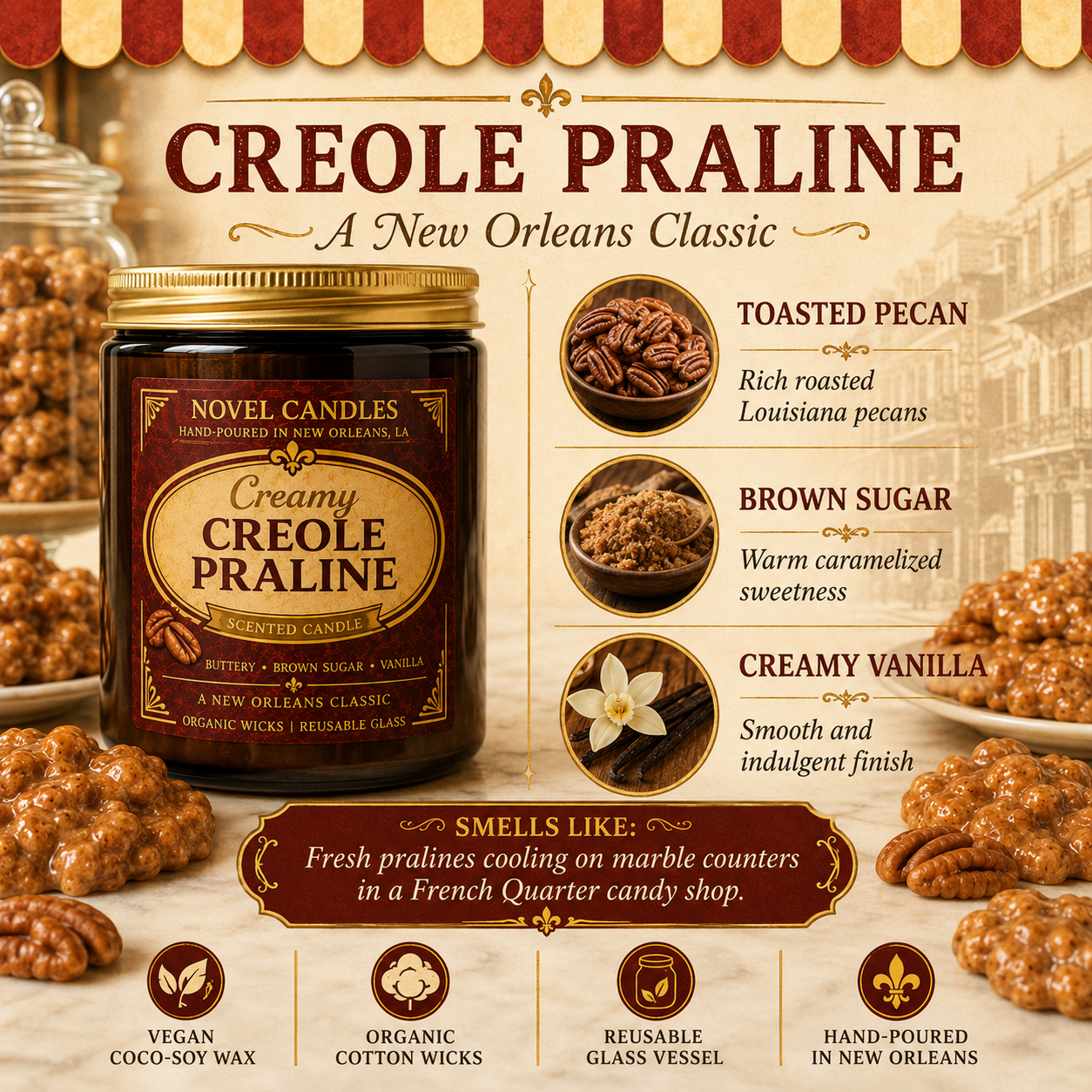 8 oz Creamy Creole Praline Candle | Buttery Pecan & Brown Sugar Scent | Handmade in New Orleans Inspired | Vegan Coco-Soy Wax | Reusable Glass