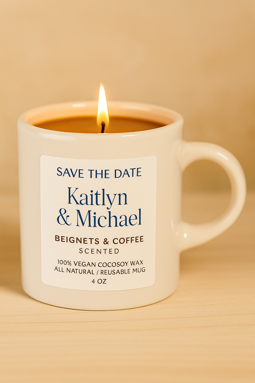 Personalized Beignets & Coffee Wedding Favor Candle | Save the Date, Thank You & Bridal Shower Favor | Reusable Mini Mug Candle