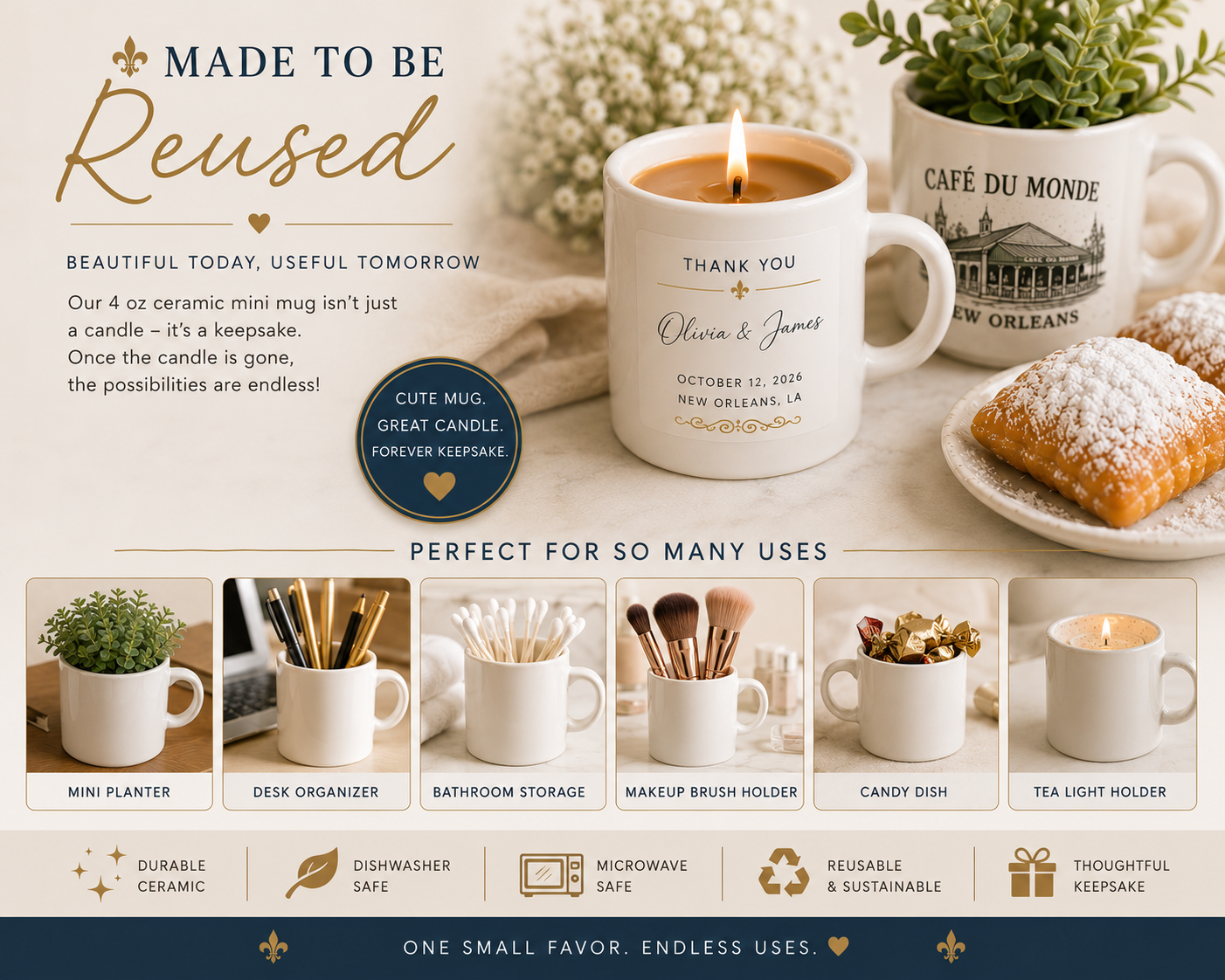 Personalized Beignets & Coffee Wedding Favor Candle | Save the Date, Thank You & Bridal Shower Favor | Reusable Mini Mug Candle