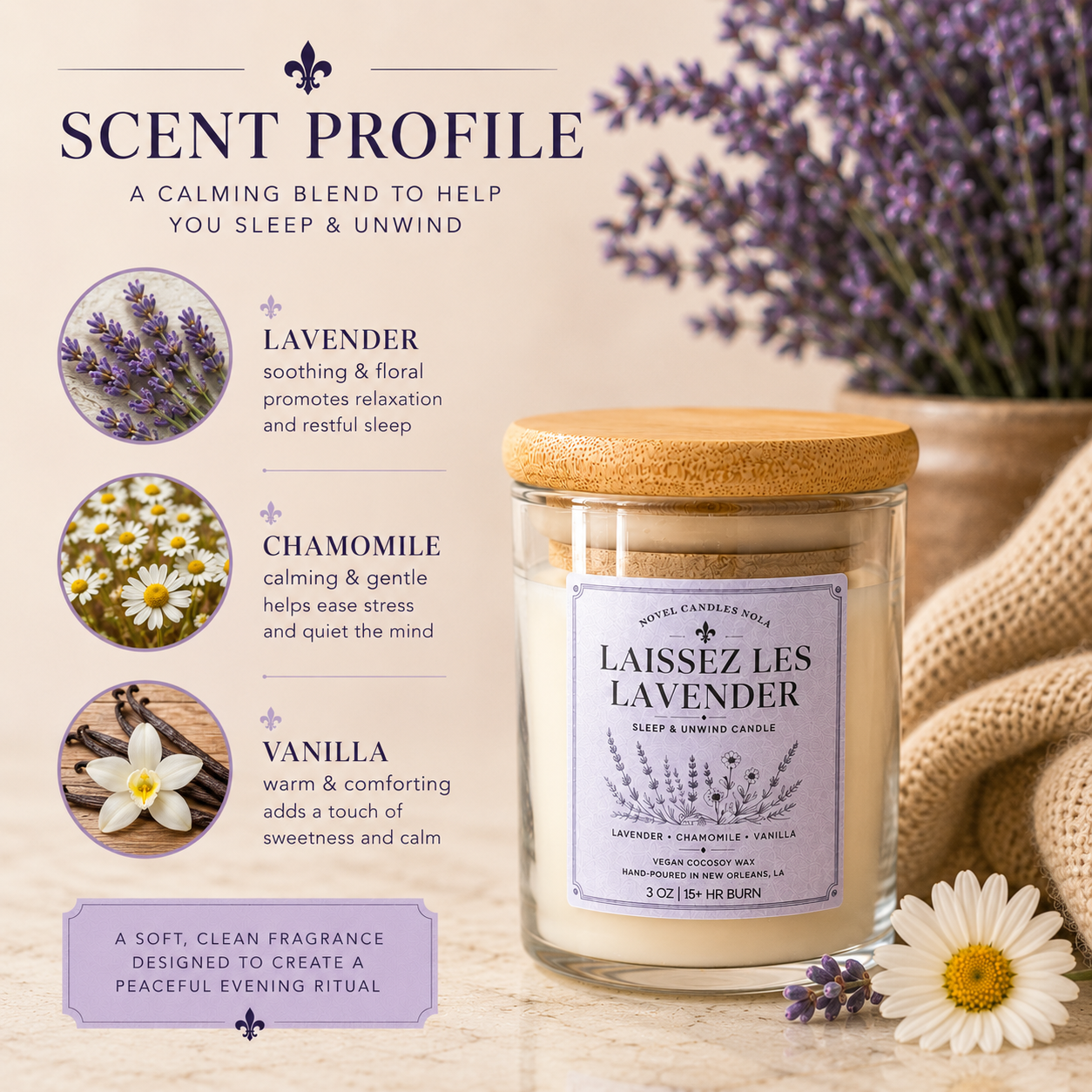 Laissez Les Lavender Candle | Lavender Chamomile Vanilla Candle | Sleep & Unwind Gift | New Orleans Candle | Relaxation Candle