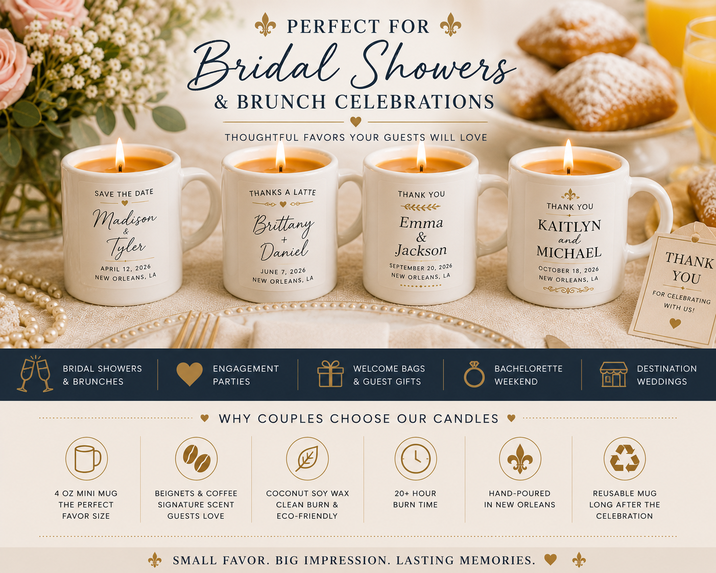 Personalized Beignets & Coffee Wedding Favor Candle | Save the Date, Thank You & Bridal Shower Favor | Reusable Mini Mug Candle