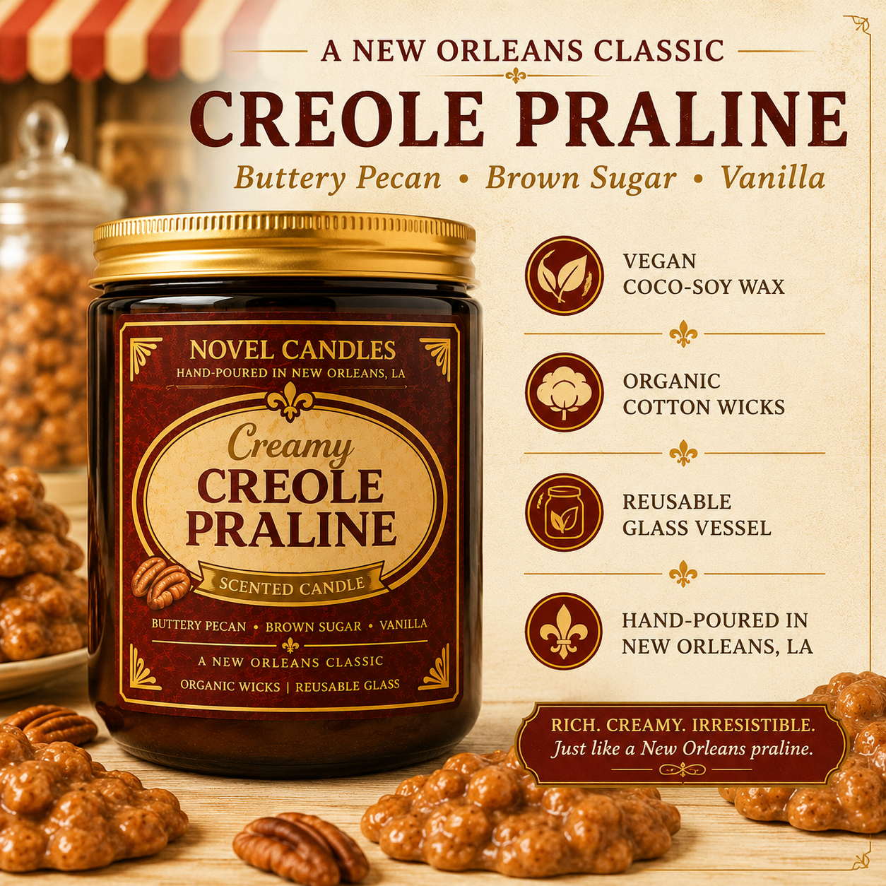 8 oz Creamy Creole Praline Candle | Buttery Pecan & Brown Sugar Scent | Handmade in New Orleans Inspired | Vegan Coco-Soy Wax | Reusable Glass