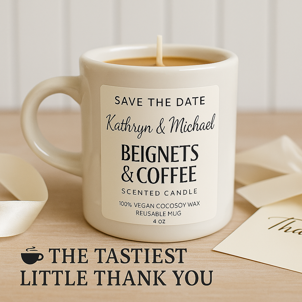 Personalized Beignets & Coffee Wedding Favor Candle | Save the Date, Thank You & Bridal Shower Favor | Reusable Mini Mug Candle