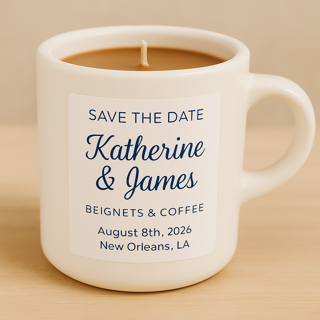 Personalized Beignets & Coffee Wedding Favor Candle | Save the Date, Thank You & Bridal Shower Favor | Reusable Mini Mug Candle