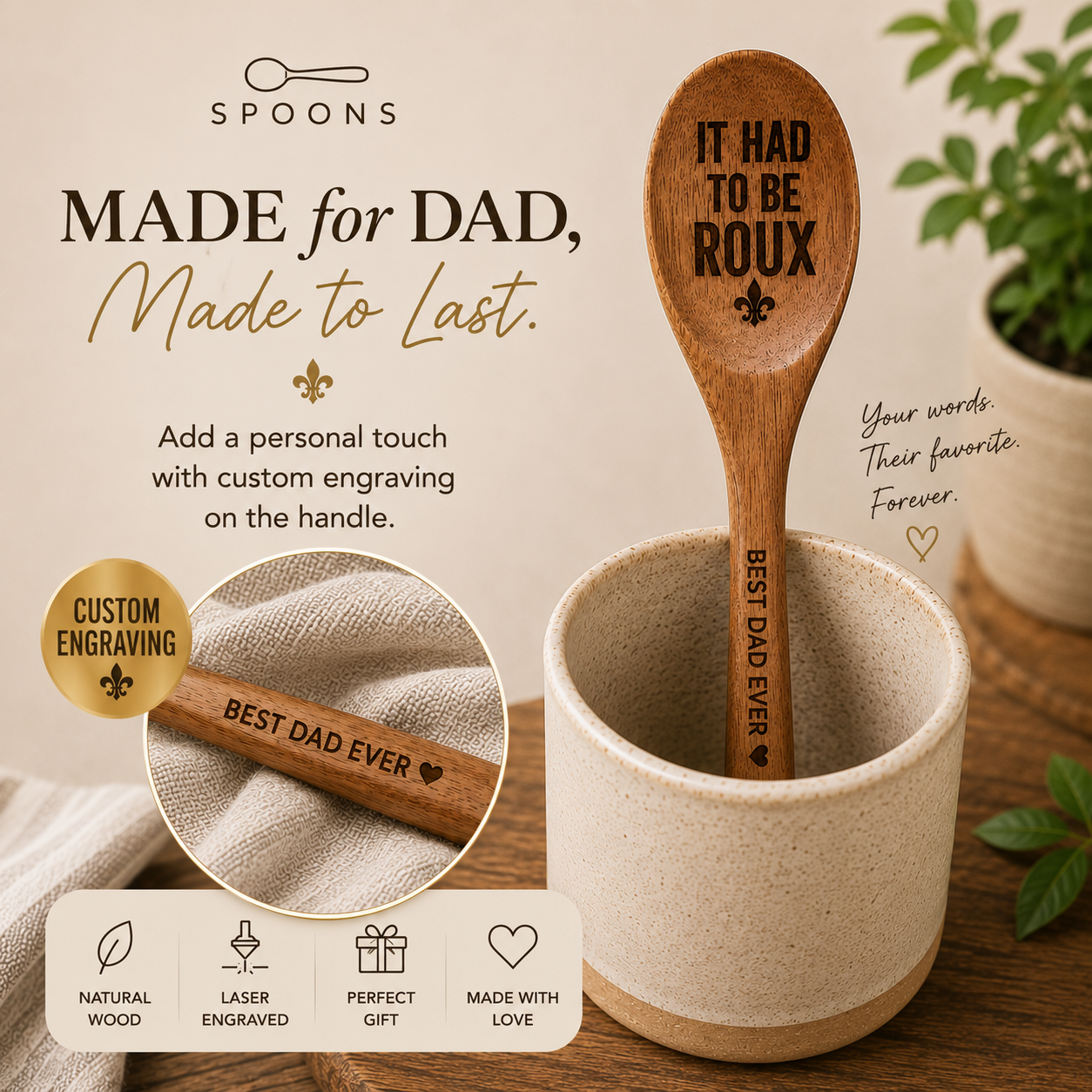 Personalized Cajun Roux Spoon | Engraved Wooden Cooking Spoon | “It Had To Be Roux” | Mind Ya Roux | Pass Da Trinity | Custom Handwriting Gift