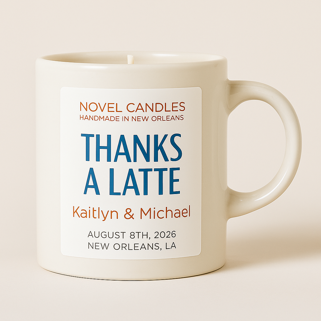 Personalized Beignets & Coffee Wedding Favor Candle | Save the Date, Thank You & Bridal Shower Favor | Reusable Mini Mug Candle